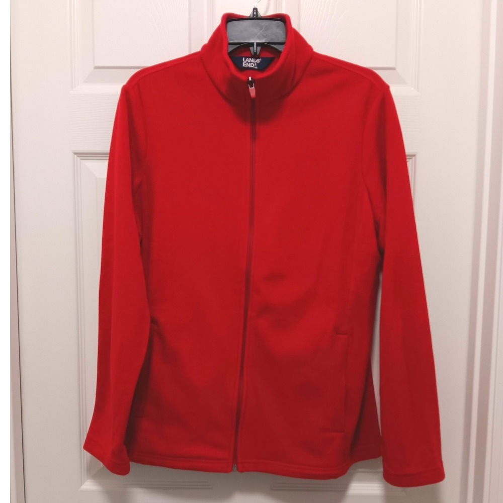 Lands End Womens Red Full Zip Fleece Jacket Mock Neck Size L 14-16 RN 62830